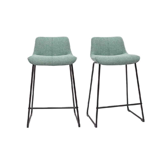 Juego de 2 Taburetes de Bar Tapizados en Tela Verde con Estructura Metálica Negra
