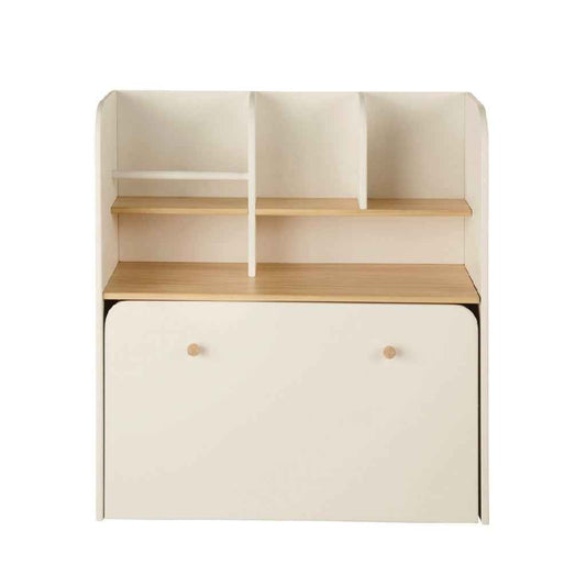 Escritorio de oficina con estantería superior y compartimentos, color blanco y madera